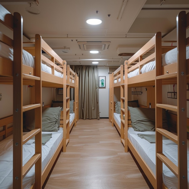 Фото Уютная общежитие с двухэтажными кроватями на светлом фоне генеративный ии