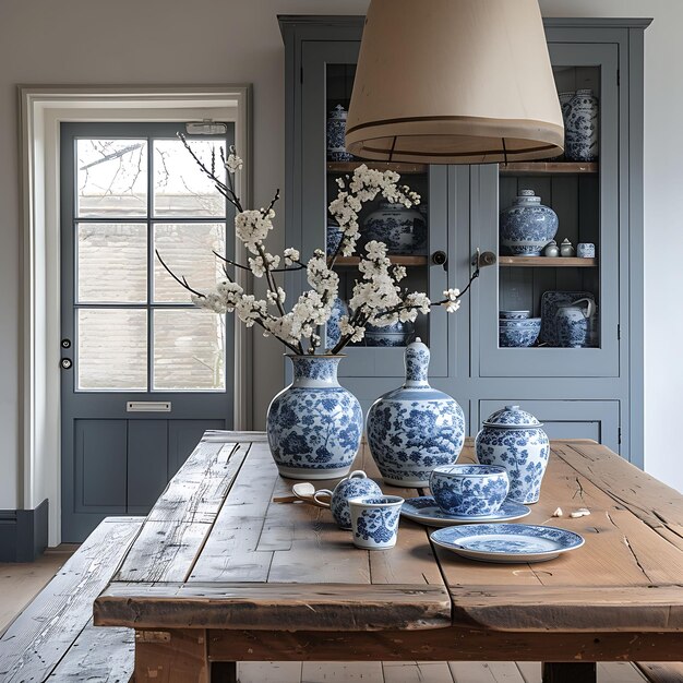 Photo cozy dutch inspired dining room with farmhouse table delftware pl interior layout creative decor