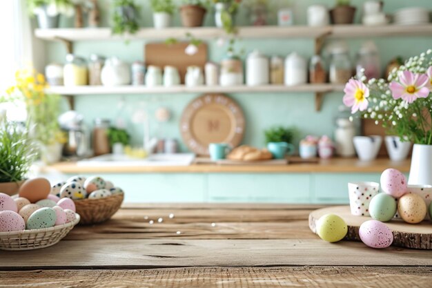 Photo cozy easter kitchen with baking activities and table top