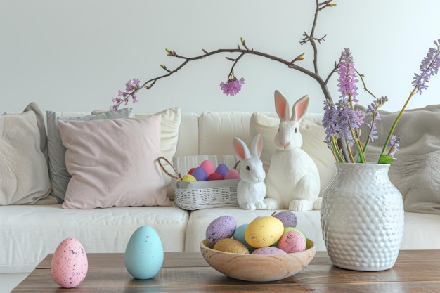 Photo cozy easter living room interior with table easter eggs easter bunny spring flowers still life