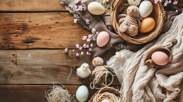 Cozy Easter Setup with Knitted Chicks and Pastel Eggs