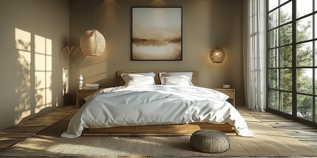 Cozy and elegant bedroom with big bed nice bedclothes wooden bedside tables and with warm light