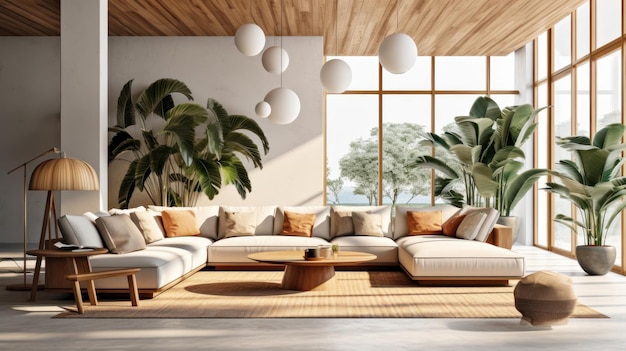 Уютный элегантный интерьер гостиной в стиле бохо в натуральных тонах удобный угловой диван с подушкой