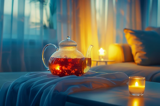 Уютная вечерняя атмосфера с чайником и теплым светом свечи на фоне домашнего интерьера