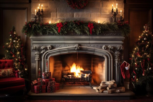 A cozy evening by the fireplace in a house decorated for Christmas holidays