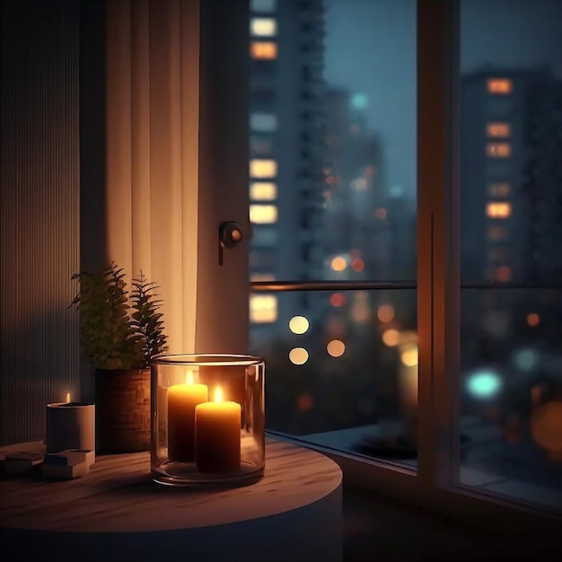 cozy evening candle light on window topview on evening street with car traffic blurred light