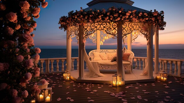 A cozy evening on the ocean a gazebo in flowers lanterns sunset AI generation