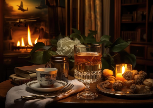 A cozy evening scene with a Aviation cocktail by candlelight creating a warm and inviting ambiance