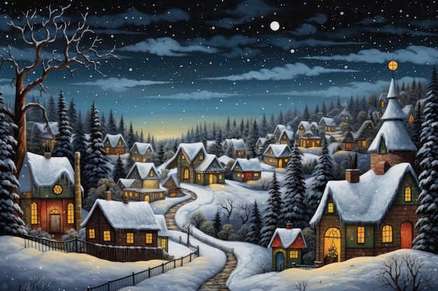 Cozy evening in village with few houses in forest snow against dark blue night sky with stars