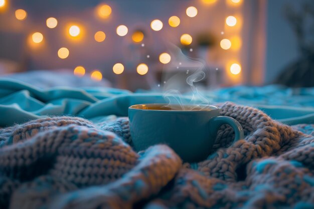 cozy evening with warm tea and soft blanket