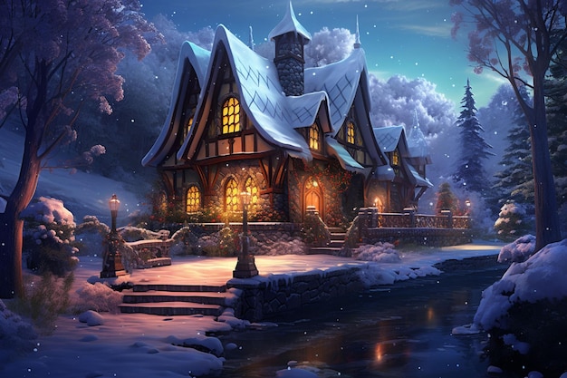 Cozy fairy tale winter house at snowy night