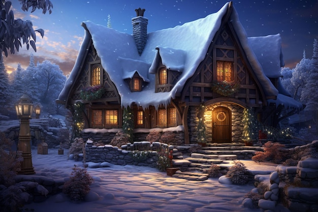 Cozy fairy tale winter house at snowy night