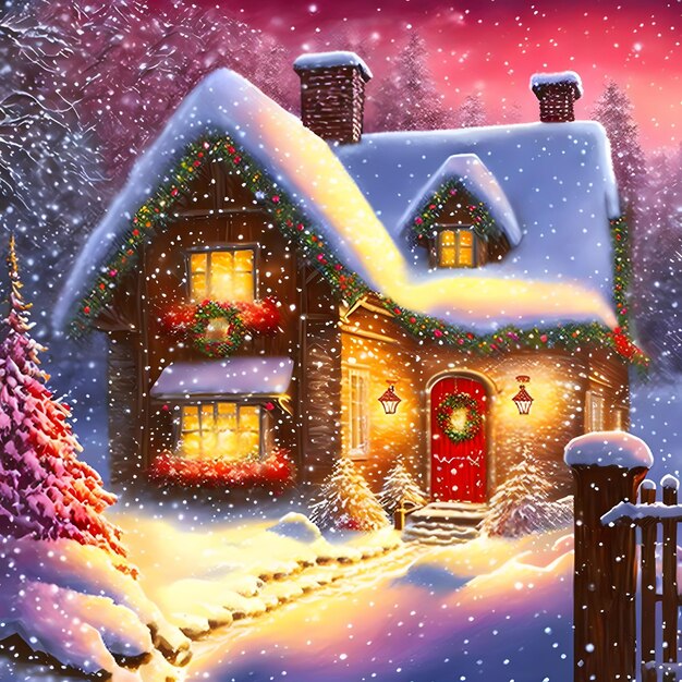 Cozy fairytale winter house at snowy night neural network generated art