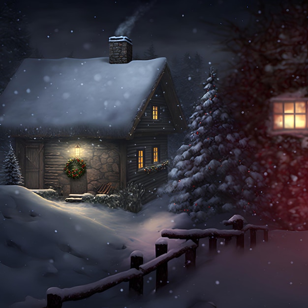 Cozy fairytale winter house at snowy night neural network generated art