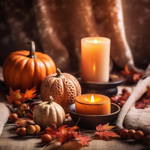 Cozy Fall Decor Burning Candle and Small Pumpkins Generative AI