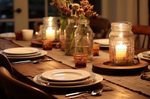 Photo cozy family dinner setting with everyday dishes mason jar glasses and rusticstyle placemats warm and