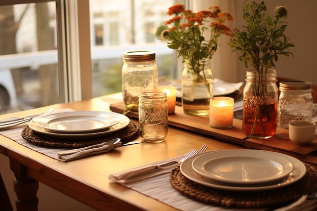 Photo cozy family dinner setting with everyday dishes mason jar glasses and rusticstyle placemats warm and