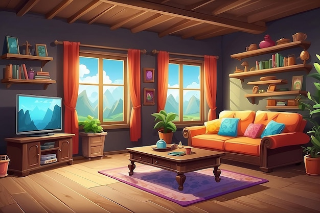 Photo cozy family home highquality 2d living room background for mobile game gaming template design