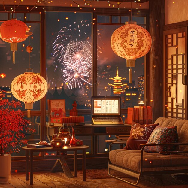 Photo cozy family living room decoration celebrating chinese new year festival generated ai photo