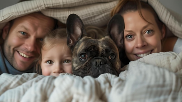 Foto famiglia accogliente e cane da compagnia sotto una coperta scena domestica calda ritratto di felicità e solidarietà ai