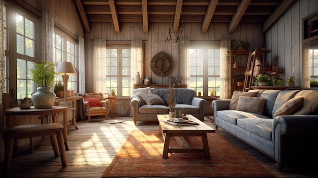 Photo cozy farmhouse living room interior 3d render