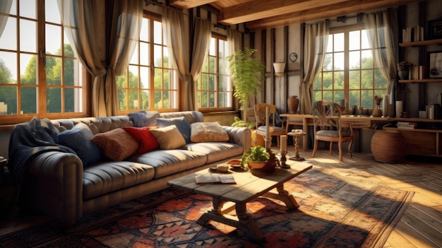 Cozy farmhouse living room interior 3D render