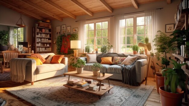 Cozy farmhouse living room interior 3D render