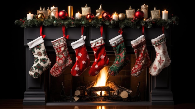 A cozy fireplace adorned with Christmas stockings