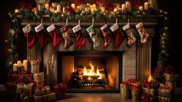 A cozy fireplace adorned with Christmas stockings