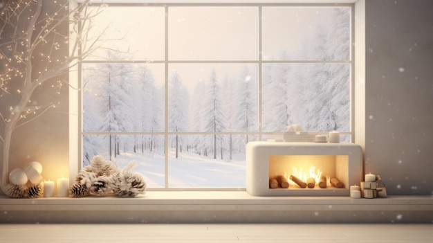 暖かい暖炉の背景には,暖かい光が放たれる雪の風景を眺める窓があります