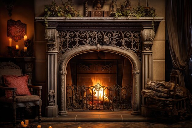 Photo cozy fireplace in gothic style