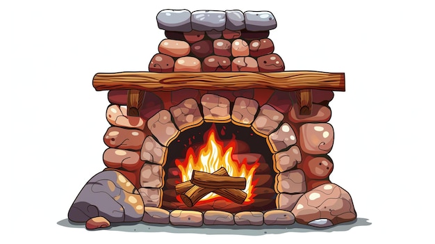 A cozy fireplace made of roughcut stones The fire is burning brightly and there is a wooden mantel above the fireplace