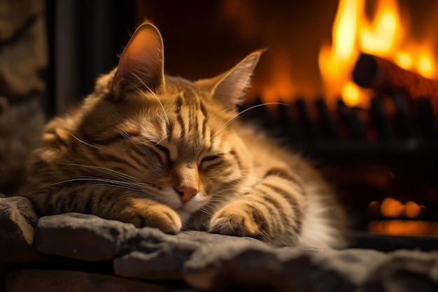 Cozy Fireplace Scene Content Cat Cuddled Up AI