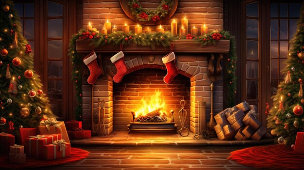 a cozy fireplace scene with stockings hanging warm glowing flames and a Christmas wreath