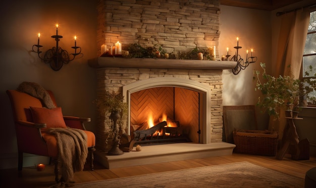 A cozy fireplace scene with a warm wallpaper Generative AI