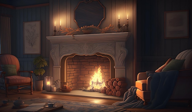 A cozy fireplace scene with a warm wallpaper Generative AI