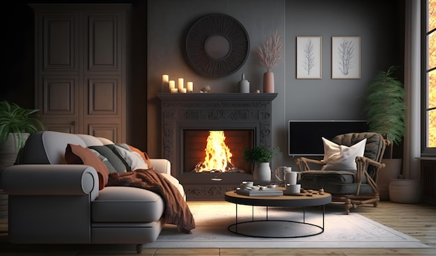 A cozy fireplace scene with a warm wallpaper Generative AI