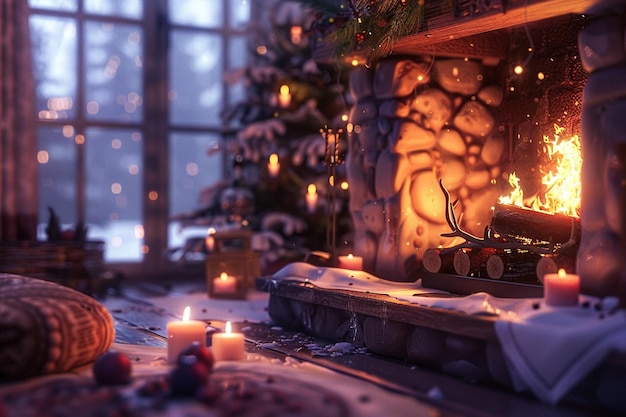 A cozy fireplace on a snowy evening