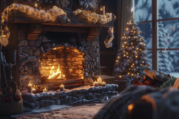 A cozy fireplace on a winter night