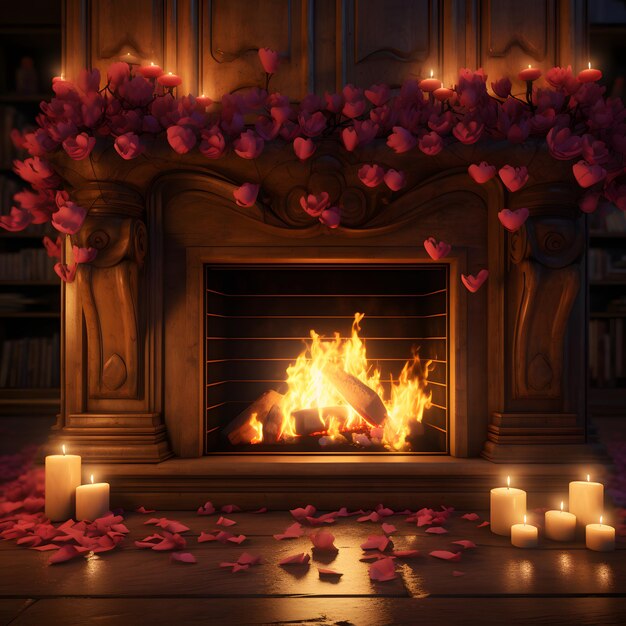 Cozy fireplace with candles and rose petals for a Valentines Day setting