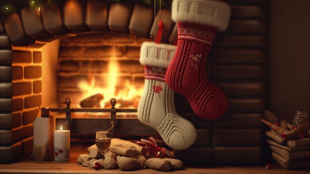 Cozy fireplace with Christmas stocking hanging over it