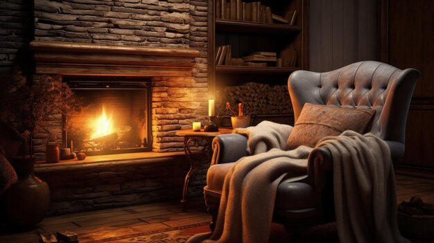 A cozy fireplace with crackling flames and a cozy armchair