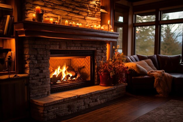 a cozy fireplace with crackling flames and warm light AI generated