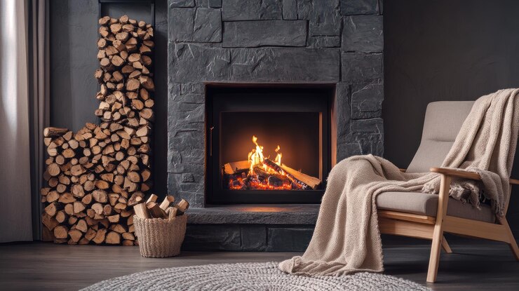 Photo cozy fireplace with firewood and blanket