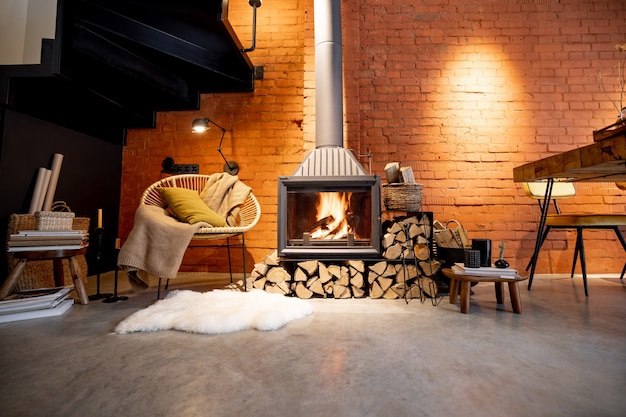 Foto camino accogliente con legna da ardere nell'interno della casa in stile loft con sfondo di muro di mattoni, fuoco ardente nel camino, intimità della casa in inverno