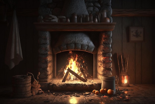 Cozy Fireplace with Logs and Flames Home Interior Winter Hearth Warmth Comfort