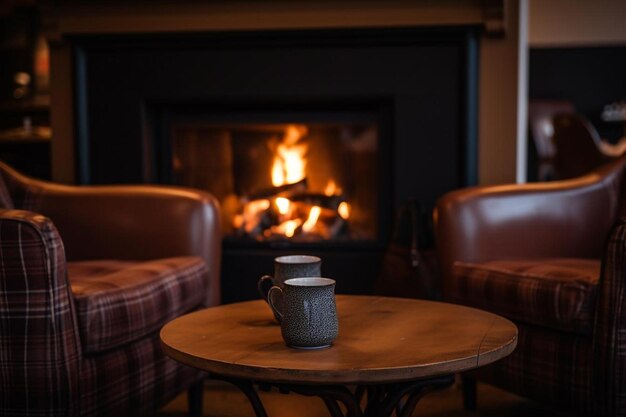 Photo a cozy fireplace with a mug of coffee on the mantle