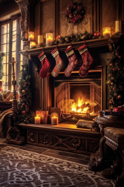 Cozy fireplace with stockings and holiday decorations created with generative ai