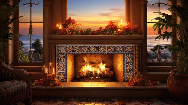 Photo cozy fireplace with view