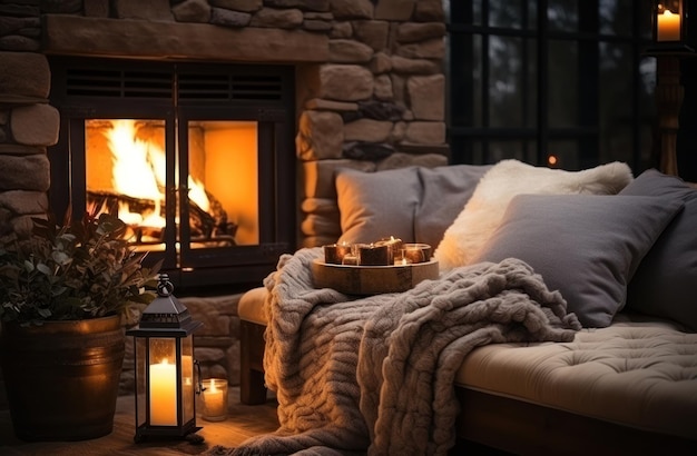 Cozy fireside of a living room with a wool blanket and candles for a warm and cozy winter setting Premium AI generated image